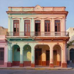 beautiful painting of cuban houses and storefront without characters, colonial architecture, intricate and smooth colors, front view, trending in artstation, colorful octane render, dawn light, art style by michal sawtyruk