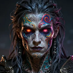full face tattoo epic portrait, undead revenant glowing eyes, elden ring, matte painting concept art, midjourney, beautifully backlit, swirly vibrant color lines, fantastically gaudy, cinematic aesthetic octane render, 8 k hd resolution, by ilya kuvshinov and darius zawadzki and zdizslaw beksinski