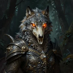 painted portrait of fantasy wyrm, burning eyes, wolf scull as helmet, standing in the dark forest, upper body, fantasy intricate elegant extremely detailed digital painting trending artstation concept art sharp focus illustration art by gustave courbet greg rutkowski craig mullins carravaggio