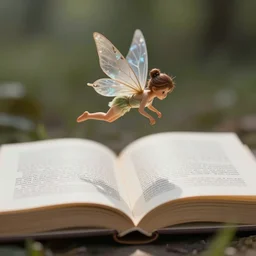 a very small fairy with two legs flies above an open book, highly detailed, digital painting, sharp focus, fantasy art