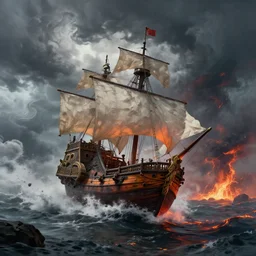 flying galleon during a cataclysm with a huge storm and rivers of lava, fantasy, concept art, artstation, hd 4 k