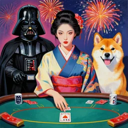 hyperrealism composition of the detailed woman in a japanese kimono sitting at an extremely detailed poker table with darth vader, shiba inu, fireworks on the background, pop - art style, jacky tsai style, andy warhol style, acrylic on canvas