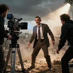 dramatic photo of mr bean, professional videography, epic dramatic movie scene, scene shot by professional movie maker Hans Herbick, beautiful, lighting and SFX, high definition, action shot, vivid, brutal