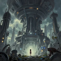 beautiful low angle painting of ab alien world with buildings and technology, a tiny girl watching on, moody atmosphere, epic composition, dramatic lighting, trending on artstation, octane render, by don bluth