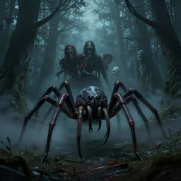 humanoid arachnid monster in the forest, night, foggy, horror, very very very very scary, by greg rutkowski, chris tulloch mccabe, valentina remenar and asher duran, digital art, concept art, trending on artstation