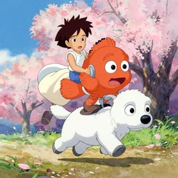 a vibrant emotional animation key shot of a ponyo riding a robot dog, studio ghibli, pixar and disney animation, sharp, disney concept art watercolor illustration by shinji kimura and alphonse mucha and alena aenami, pastel color palette, bloom!!, dramatic lighting