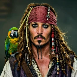 jack sparrow with a parrot on the shoulder, portrait, 8k resolution, hyper detailed, realistic eyes