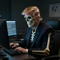 skeletor with donald trump hair sitting in front of the computer in a darkened room