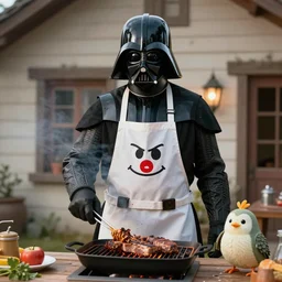 darth vader wearing a apron with a funny foke on it grilling at his house on tatoonie, realistic