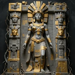 beautiful aztec inca woman colossus full body well proportioned in tunic stands among lianas by eddie mendoza hyperrealism cyborgess expressive dramatic symmetrical very very detailed giger beksinski grey and gold