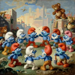 the smurfs rubber toy figures in a massive battle against stuffed care bears toys across a metropolitan landscape, high level of detail in the style of giovanni battista tiepolo