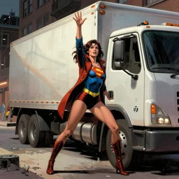 a superheroine stops a truck with her hand, a comic book panel by jon foster, featured on deviantart, ashcan school, marvel comics, official art, reimagined by industrial light and magic