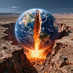 a deep chasm forms into the crust of a planet 10 times bigger than earth, splitting it in half and causing an immense release of thermal energy
