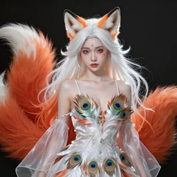 prompt A beautiful portrait of a white red orange kumiho, translucent silky dress made of peacock tails, a bra made of peacock feathers, close up front view, long clumpy hair in the shape of fox tail, backlit, concept art, matte painting, by Peter Mohrbacher