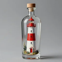 a red and white lighthouse inside a clear bottle, very fancy whiskey bottle, masterpiece painting by greg rutkowski and daytoner