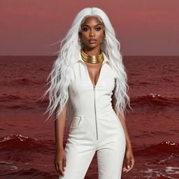 of a beautiful black girl, with long white hair, in a white leather jumpsuit, standing in the middle of the red sea, very beautiful style, her neck in gold rings, photorealism john singer sargent, edgard maxence