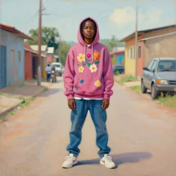 still from music video of martine johanna from die antwoord standing in a township street, wearing a hoodie and flowers, street clothes, full figure portrait painting by martine johanna, ilya kuvshinov, rossdraws, pastel color palette, 2 4 mm lens