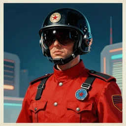 a retrofuturistic security officer wearing black helmet and red uniform, vintage, retrofuturism, art by marc davis, marc davis artwork, poster