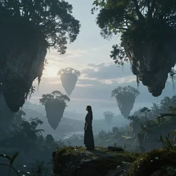 a dreamlike world of beautiful strangeness, trees and floating land masses in the distant sky with morning sun shining, a singular pretty figure in the middle of the frame distinct and calm, serene, blue, grey, and green hues