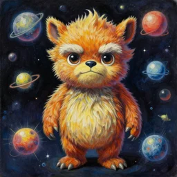 the elder furby ruling over celestial bodies. this gouache painting by the award - winning mangaka has dramatic lighting, an interesting color scheme and intricate details.