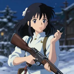 portrait of anime girl in dress dress with rifle in hands winter by greg rutkowski, key visual, kyoto animation, makoto shinkai, studio ghibli pixiv, sharp, detailed, high quality, award winning trending on artstation super detailed face sparkling eyes fingers photorealistic ultrahd 4 k 8 k unrealengine