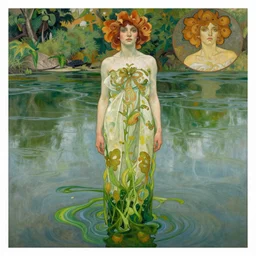hyperrealist portrait in a river, full body green water algae by alphonse mucha and lucian freud, very detailed faces