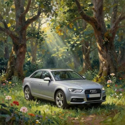oil painting by jan matejko depicting an audi a4 standing in the middle of a forest, there are flowers, big oak trees, grass, the sun is shining through the leaves, godrays, fantasy