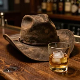 old worn cowboy hat besides a glass of whiskey with ice on an oak surface at a bar in a night cafe, warm colors, realistic, extremely high detail, hyperdetailed,