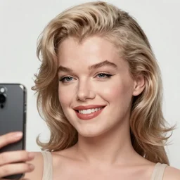 a smiling girl taking a selfie, hyper realistic photography, highly detailed, sharp focus, good vibes, realistic, highly detailed attribute, award winning, face like marilyn monroe, slight smile