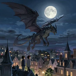 a winged monster in the sky above a victorian city, scene in the night. full moon, 1 8 9 0, key visual, conceptart, ambient lighting, highly detailed, digital painting, artstation, concept art, sharp focus, by makoto shinkai and akihiko yoshida and greg manchess