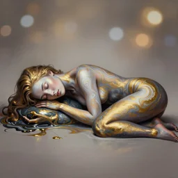 3 d female body silhouette sleeping in marbling liquid acrylic fluid, cinestill, bokeh photography, photography by amy leibowitz and volfgang schneider, bodypainting, painting by morava and goldalh, artstation, epic concept art, beautiful female face matte painting