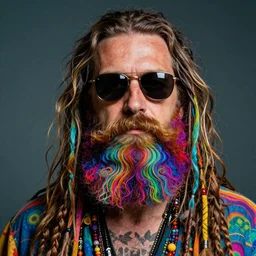 a bearded hippie with sunglasses, fractal beard, colorful, psychedelic, photorealistic, 8k in the style of annie leibovitz