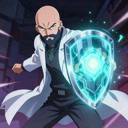 The bald mad scientist with beard in the white lab coat has a glowing shield of bioluminescent armor protecting him during the battle. Action photo. Highly stylized. Anime.