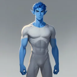 a cute calm handsome young adult male muscular slim blu skin elf with grey light tight clothes concept art in the style of lee bermejo and greg rutkowski
