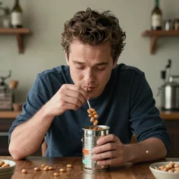 michael cera, eating can of beans, sadly, cinematic, 8 k, wide angle, impact frame, intricate, trending on artstation