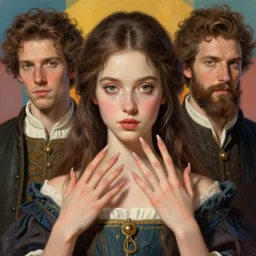 portrait of young woman with extremely long fingers. digital art by eugene de blaas, ross tran, and nasreddine dinet, vibrant color scheme, intricately detailed, in the style of romanticism. artstation, greg rutkowski