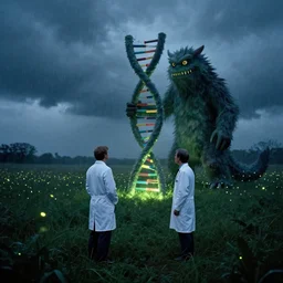 in a field, two scientists in lab coats encounter a monster shaped like the DNA double helix, stormy weather, night scene, volumetric light, fireflies, analog photograph