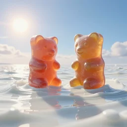 side view of a couple oversized huge ( gummi bears ) that float in white vitamin d milk ocean of gentle rolling waves. a milk ocean. blue sky morning sun on horizon. digital art, octane render, cgsociety award winner, ue 5, 4 k, dramatic lighting, subsurface scatter, hdr, hq.