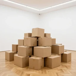 a giant pile of cardboard boxes in a white room with a parquet floor which is an art gallery featuring anthony copely, interior photograph