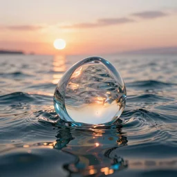 a piece of glass floating in magical waters, 8k, light reflections on water, sunset, hdr, trend in artstation, luminous glass, instagram photo