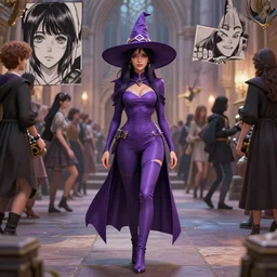 Young petite beautiful woman in slim purple witch robes and pointy hat at a crowded magical university, full body shot unreal engine hyperreallistic render 8k character masterpiece digital art, cell shader shading, raytracing, comic art, manga, trending on Artstation, CGSociety