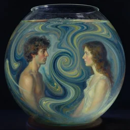 a world of swirls and curves, as if seen through a fishbowl, in surrealism and impressionism, with chris dyer and amanda sage.