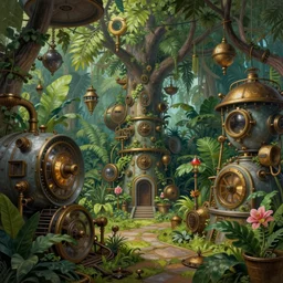 Inside a steampunk machine room with lush vegetation growing around the achines, tropical trees, large leaves, flowers, very detailed painting, by Rebecca Guay
