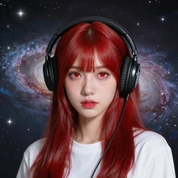 Girl with red hair and red eyes wearing headphones, galaxy background