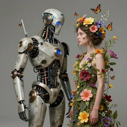 a beautiful intricate fine art portrait photo of a   a mechanical industrial steampunk cybernetic robot and a human overgrown with colorful flowers, leaves and butterflies by tom bagshaw and zach sutton, perfection!, golden ratio composition,  studio lighting, 50mm lens, very detailed, bionic, cybernetic scifi, deep depth of field, artstation, 8K, highly coherent
