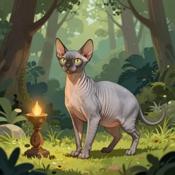 a hooded sphynx cat participating in a ritual in a forest, illustration, digital art