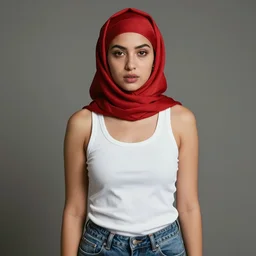 frontal portrait of a ( thug ) woman, wearing a red headscarf, a white tank top, and jeans, by donato giancola.