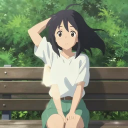 anime film visual illustration from a distance of a young woman sitting on a bench in a park, cute face by ilya kuvshinov, makoto shinkai, kyoani, dynamic pose, crisp and sharp, yoshinari yoh, detailed facial features, rounded eyes, anime poster, ambient light, focused, flat, cel shaded