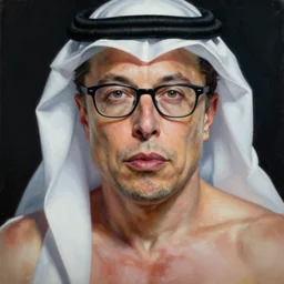 a highly detailed painting of arab elon musk with black glasses, muscles, digital art, muscular, 8 k resolution, very beautiful face, pretty face, very detailed eyes, by greg rutkowski, wlop