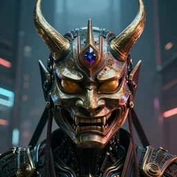 cinematic portrait of a satanic baphomet cyborg, wearing ornate oni mask, cyberpunk city background, full face portrait, centered, symmetrical face, atmospheric lighting, intricate, volumetric lighting, cyberpunk, concept art, sharp focus, ultra detailed, concept art by marc simonetti and dan mumford. featured on artstation